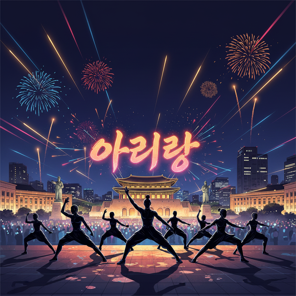 Thumbnail showing silhouettes of seven performers on a lit stage at Gwanghwamun Square with the album title 'ARIRANG' glowing above, fireworks in the background
