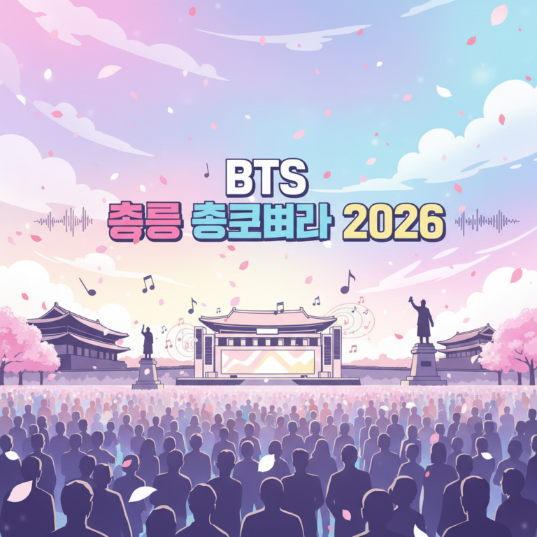 Thumbnail showing a festive spring scene at Gwanghwamun with silhouettes of a crowd, a stage, cherry blossoms, and event title text