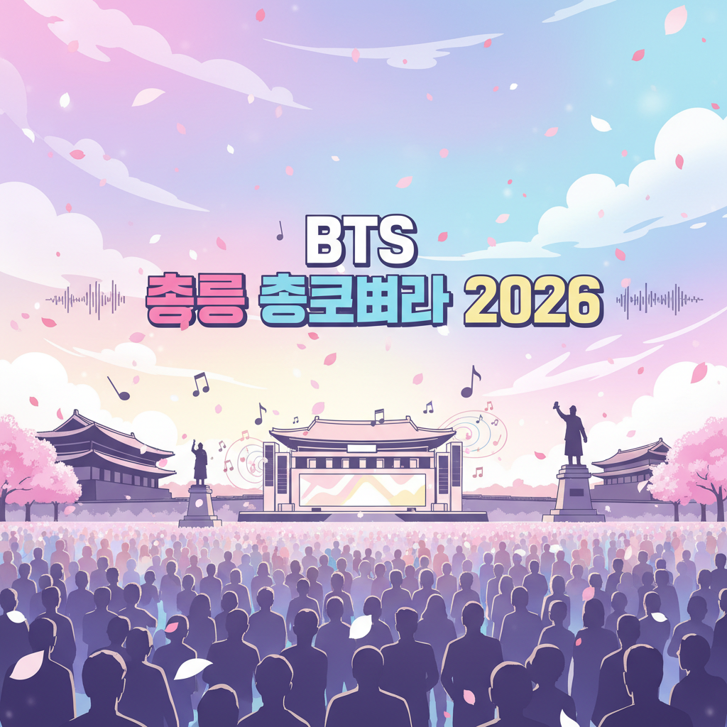 Thumbnail showing a festive spring scene at Gwanghwamun with silhouettes of a crowd, a stage, cherry blossoms, and event title text