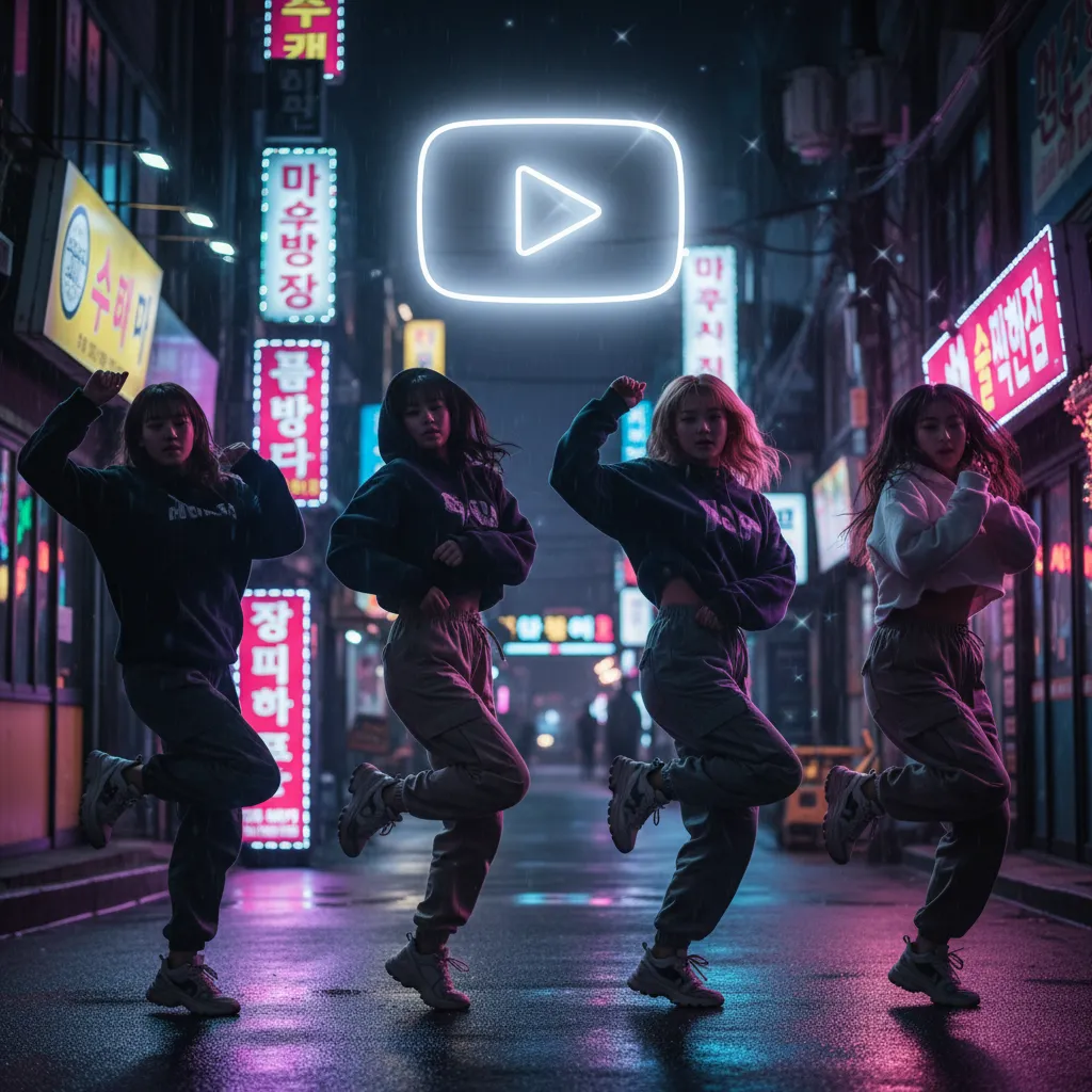 Silhouette of four dancers in a neon Seoul street with a YouTube play button glow above, representing NewJeans' OMG music video reaching 300 million views