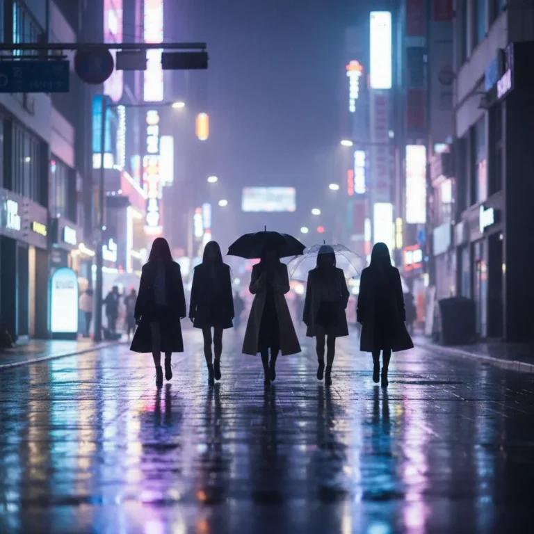 Silhouettes of a group walking on a rainy Seoul night street with neon reflections, symbolizing 르세라핌's comeback