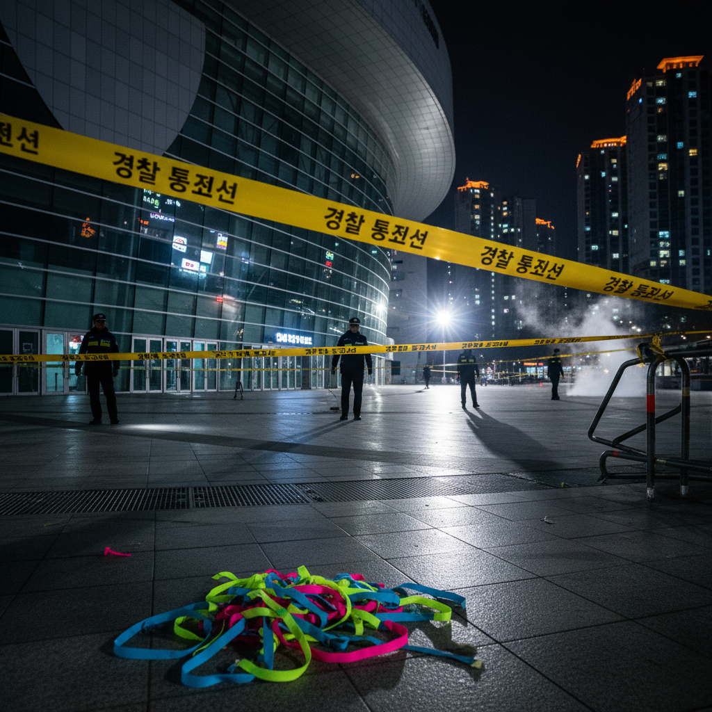 Overview of the wristband theft scene at the Goyang concert venue with police presence and scattered wristbands