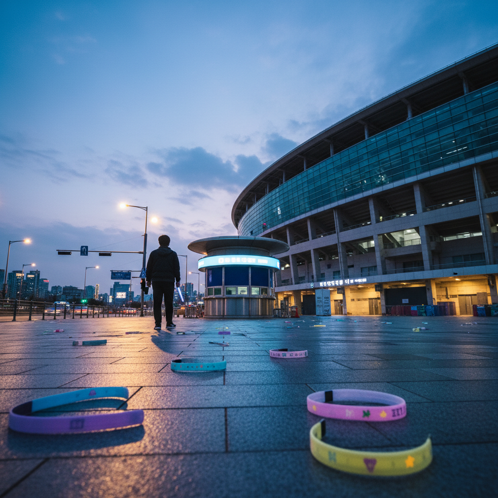 Overview of the stadium exterior showing a silhouette near the ticket booth and scattered wristbands, conveying the theft incident