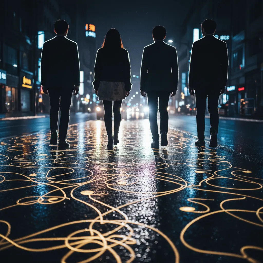 Thumbnail showing four silhouettes on a neon‑lit Seoul street with light patterns resembling music notes and spaghetti