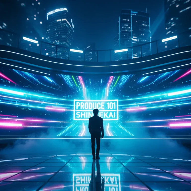 Silhouette of a K-pop trainee on a futuristic stage representing Produce 101 Japan Shinsegye.
