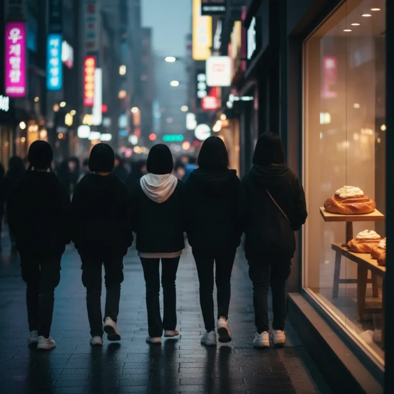 Silhouette of four K‑style figures walking past a Seoul cafe with a Danish pastry in the window, representing NewJeans sightings in Denmark and comeback rumors