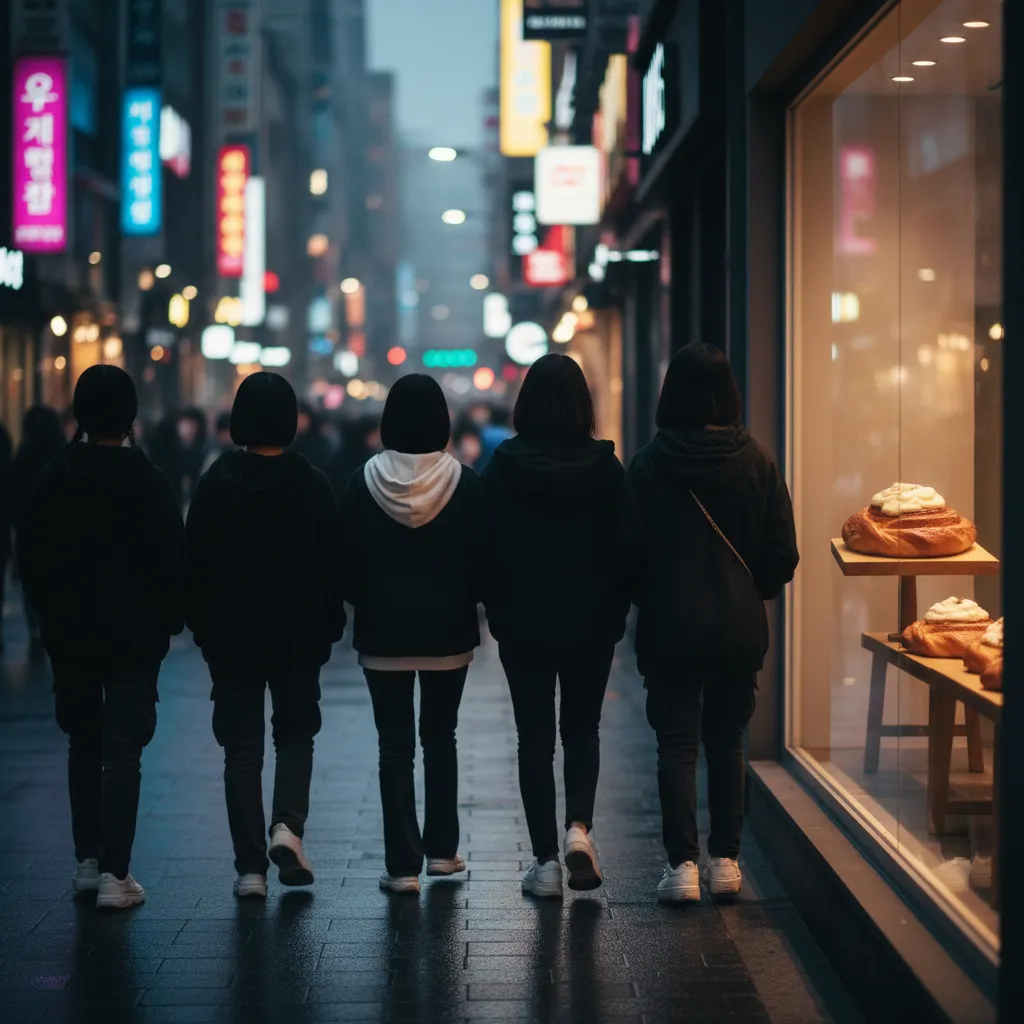 Silhouette of four K‑style figures walking past a Seoul cafe with a Danish pastry in the window, representing NewJeans sightings in Denmark and comeback rumors