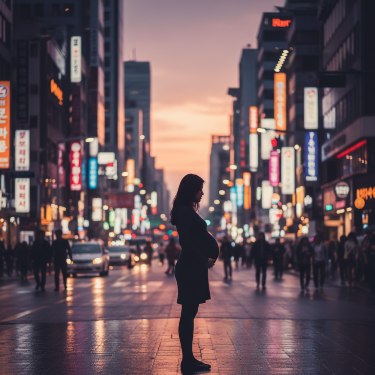 Silhouette of a pregnant actress on a Seoul street at twilight, representing the news of pregnancy at 46