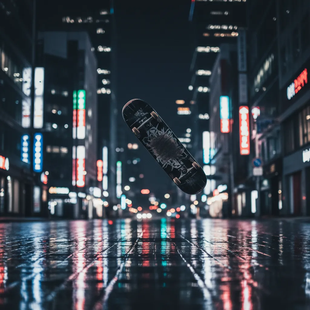 Skateboard kickflip over neon-lit Seoul street at night, symbolizing KickFlip's 4th mini album