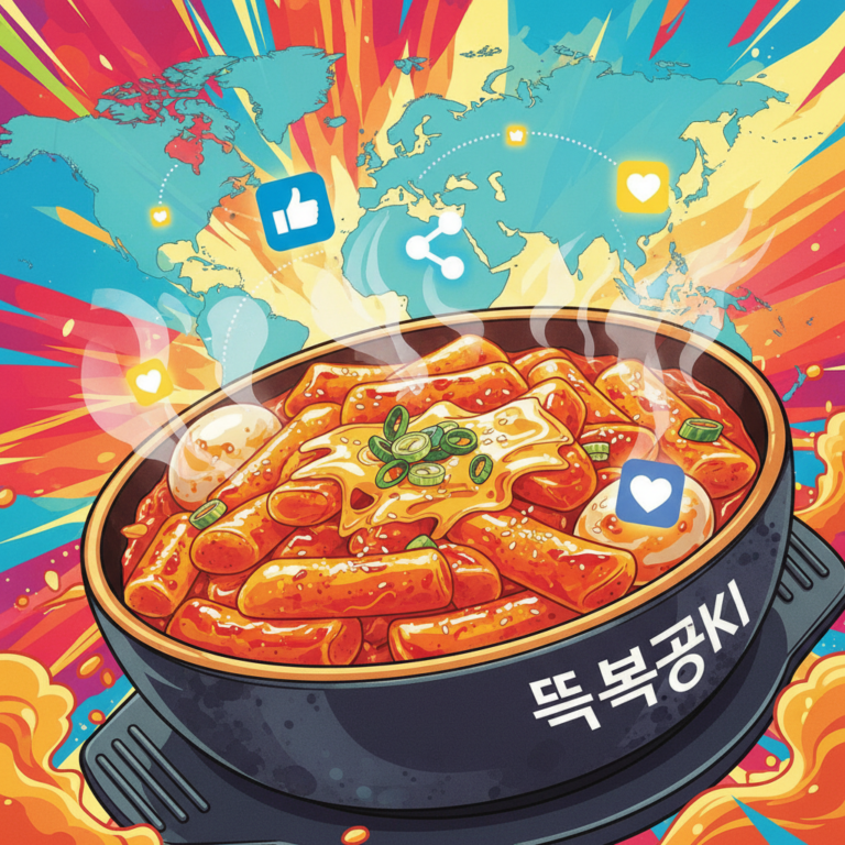 Thumbnail showing a steaming bowl of tteokbokki with social media icons and a world map, representing the viral global trend