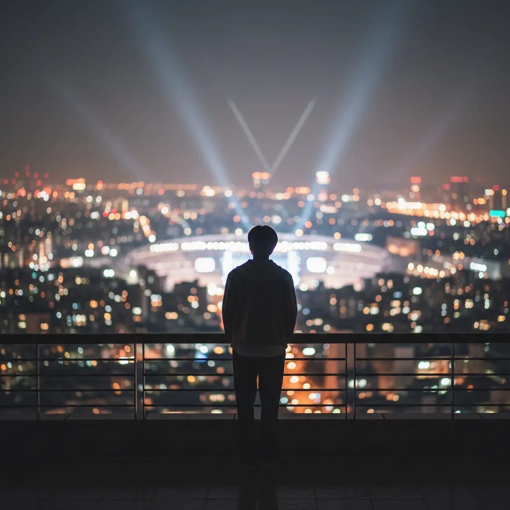 Silhouette overlooking a neon-lit Seoul skyline with stage-light beams and blurred stadium lights, representing BTS's comeback