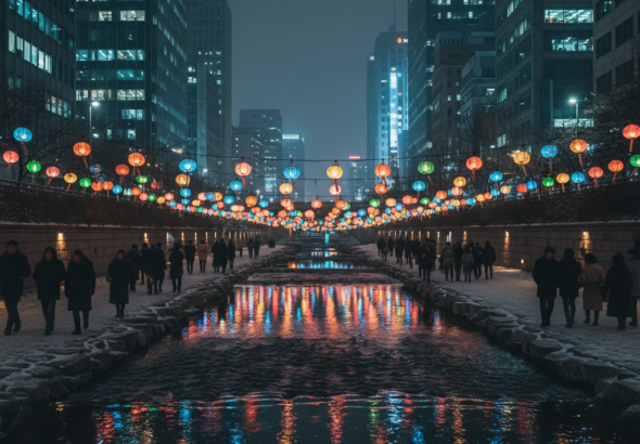 Overview of Cheonggyecheon winter light festival with lantern-lit stream and silhouette crowds