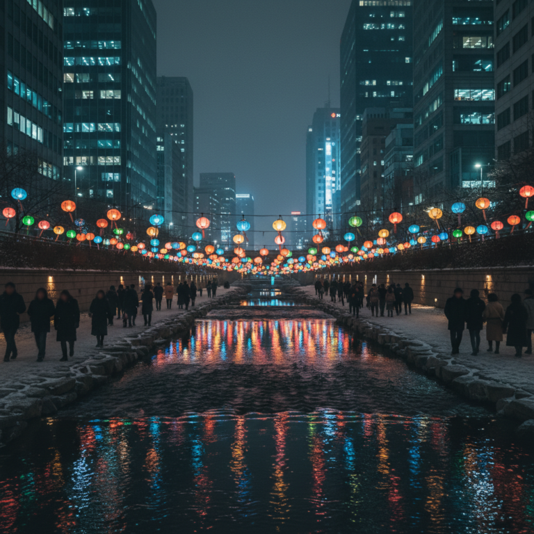 Overview of Cheonggyecheon winter light festival with lantern-lit stream and silhouette crowds