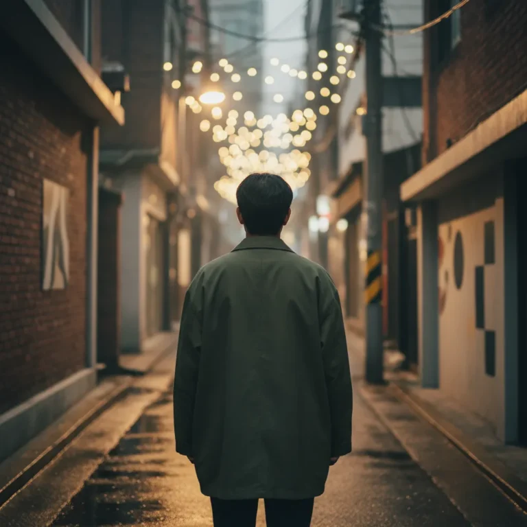 Silhouette of a person from behind on a Seoul alley at twilight with gentle star‑like bokeh lights in the background.