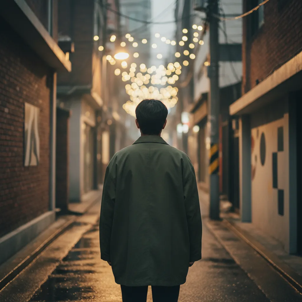 Silhouette of a person from behind on a Seoul alley at twilight with gentle star‑like bokeh lights in the background.