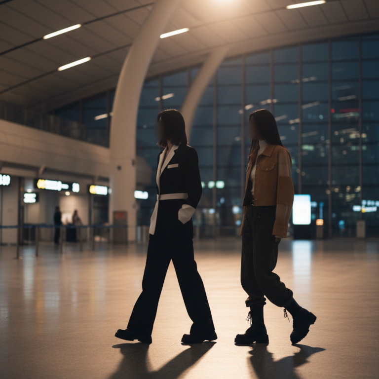 Silhouette of two airport travelers highlighting Aespa's black‑white ensemble and suede jacket with sheer details