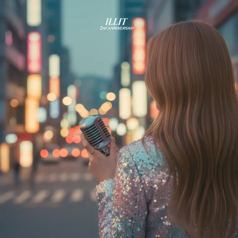 Back view of a figure holding a microphone against a blurred Seoul night skyline, symbolizing Illit's 2nd debut anniversary