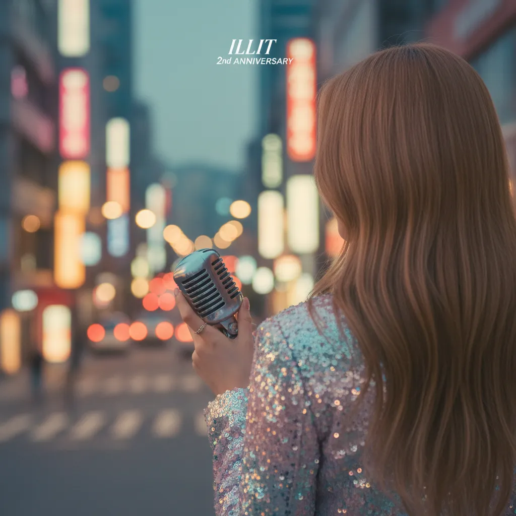 Back view of a figure holding a microphone against a blurred Seoul night skyline, symbolizing Illit's 2nd debut anniversary