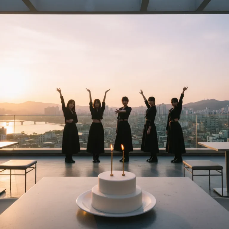 Thumbnail showing a rooftop scene with a cake bearing two candles and silhouettes of a group overlooking Seoul's sunset skyline