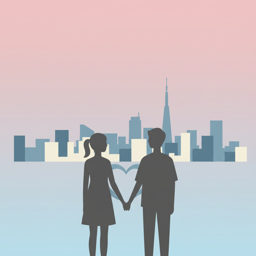 Silhouette of a couple holding hands with Seoul skyline background, representing IU and Byun Woo-seok's proposal