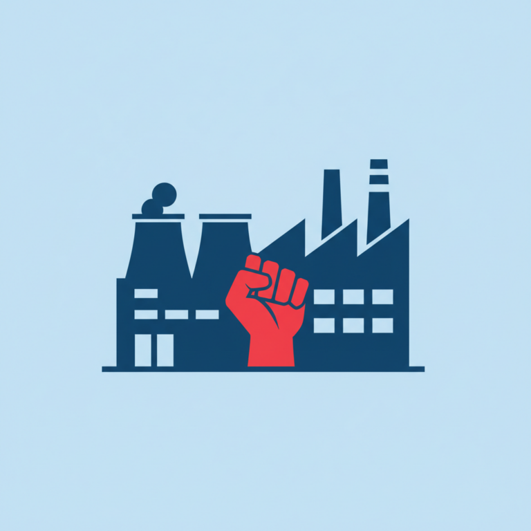 Thumbnail showing a factory silhouette with a raised fist representing the Samsung Electronics strike