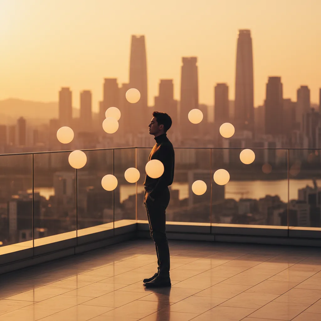 Silhouette of a figure on a Seoul rooftop at sunset with ten glowing orbs, symbolizing Mark's SM contract ending and NCT 10th anniversary