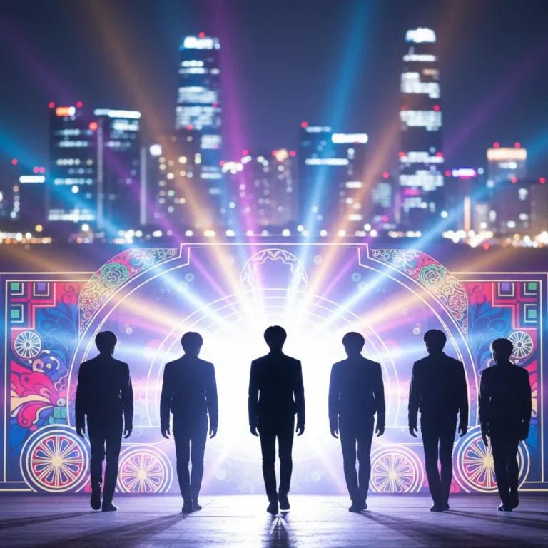 Silhouette of BTS returning to the stage, symbolizing their triumphant comeback