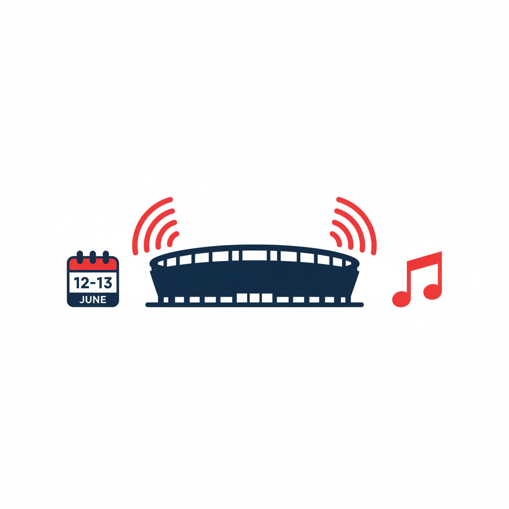 Stylized stadium with sound waves and calendar dates representing BTS comeback live in Busan