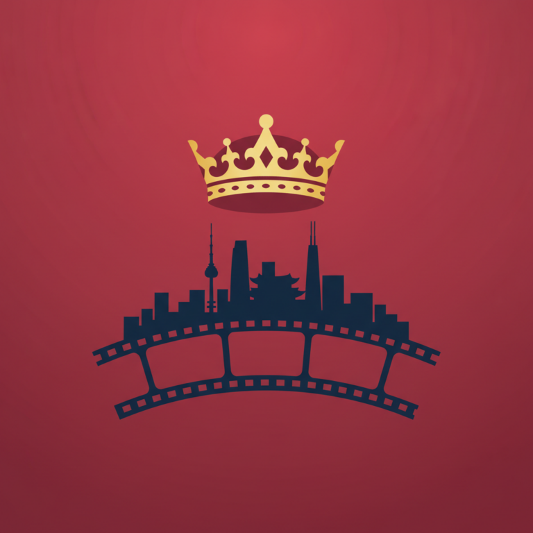 A crown over a simple Seoul skyline with a film‑strip base, representing the movie's royal theme and modern setting.