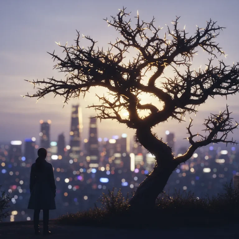 Thorn tree silhouette against Seoul twilight sky representing TXT's April comeback concept