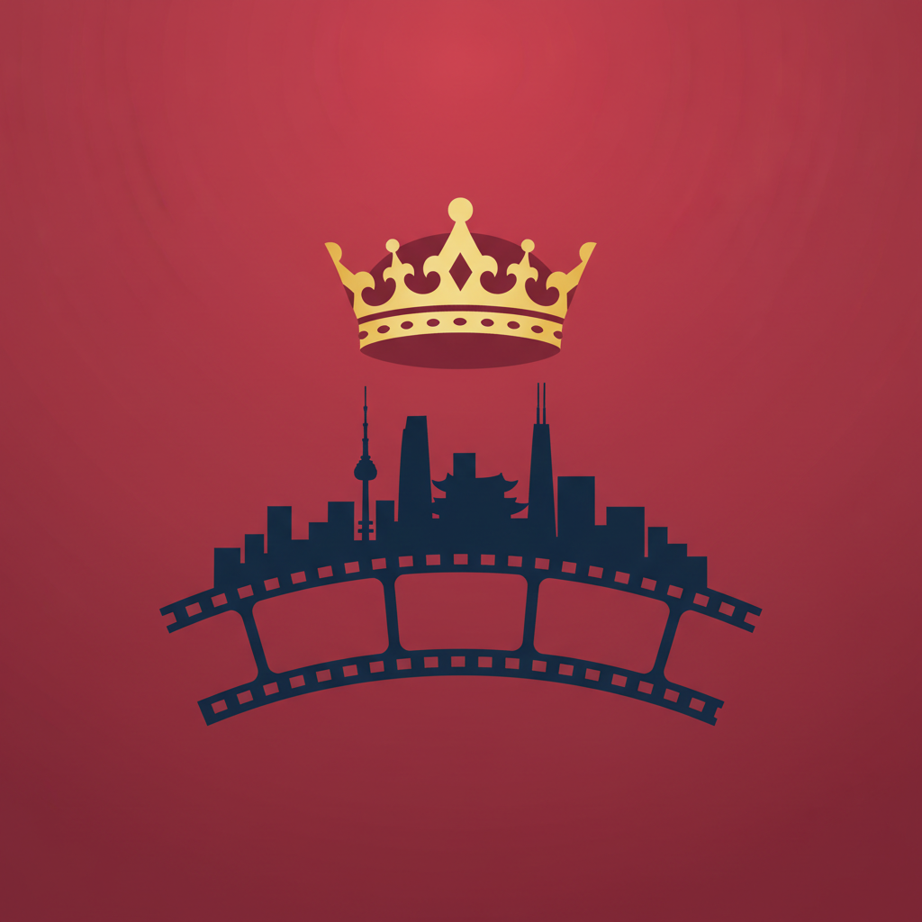 A crown over a simple Seoul skyline with a film‑strip base, representing the movie's royal theme and modern setting.