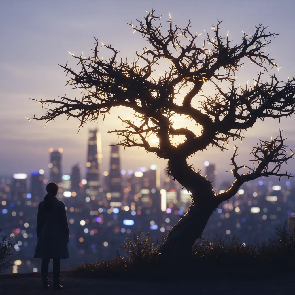 Thorn tree silhouette against Seoul twilight sky representing TXT's April comeback concept