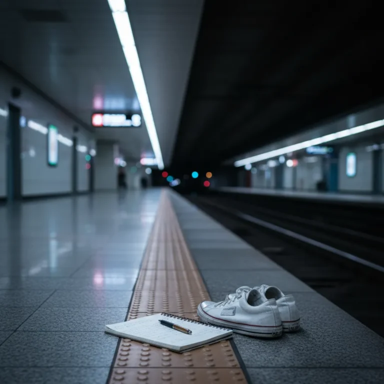 Empty Seoul subway platform with sneakers and a notebook, symbolizing Mark's departure and the end of his SM contract.