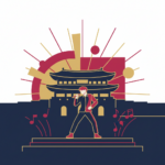 Silhouette of a stage with musical notes and Gwanghwamun Gate representing BTS's comeback performance at Gwanghwamun Square.