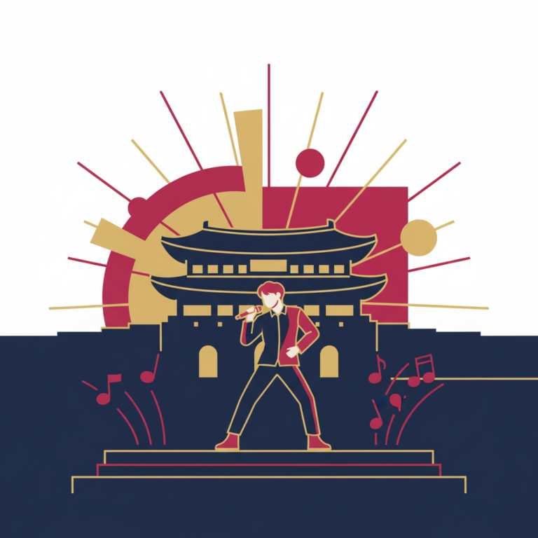 Silhouette of a stage with musical notes and Gwanghwamun Gate representing BTS's comeback performance at Gwanghwamun Square.