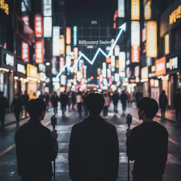 Silhouette of three backs on a Seoul street night with neon bokeh and a rising chart line