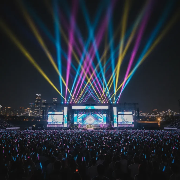 Silhouette of a crowd at a BTS ARIRANG world tour concert with light beams and the Seoul skyline