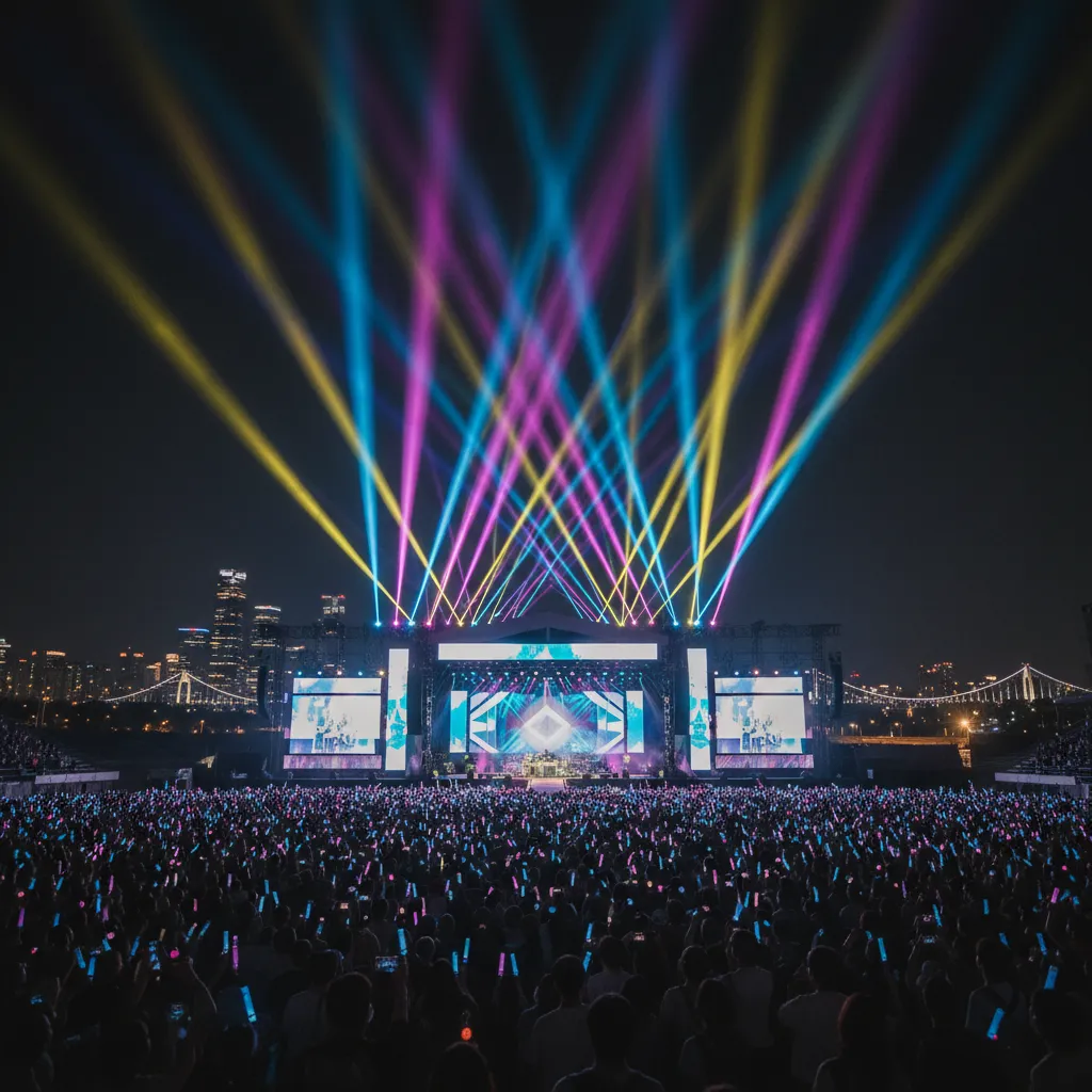 Silhouette of a crowd at a BTS ARIRANG world tour concert with light beams and the Seoul skyline