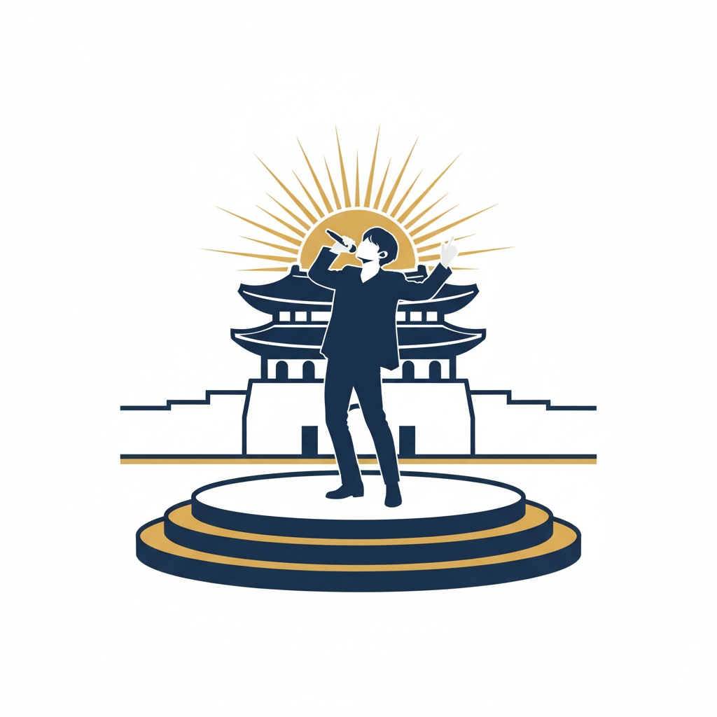 Silhouette of a performer on stage with Gwanghwamun gate backdrop, representing V's historic comeback live.