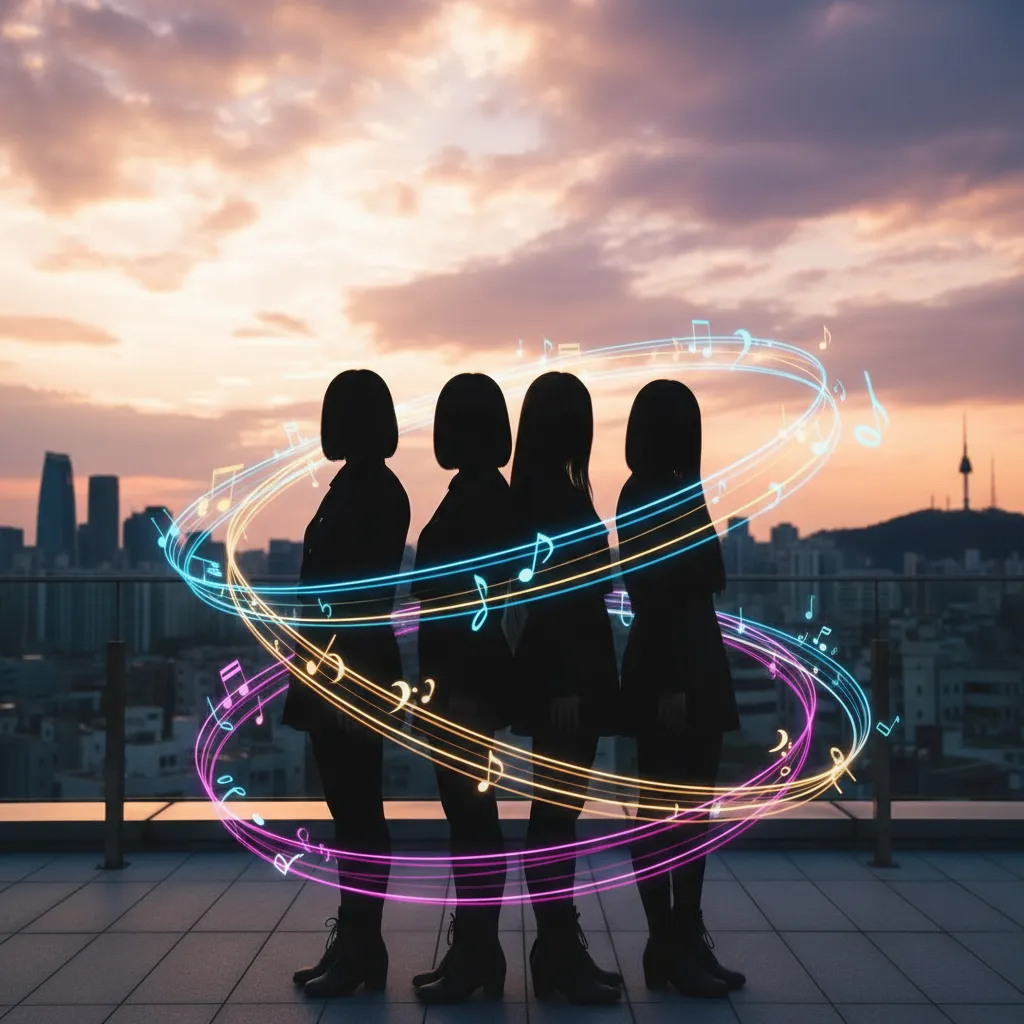 Silhouette of four figures on a Seoul rooftop at sunset with musical light trails, representing LE SSERAFIM's upcoming April comeback