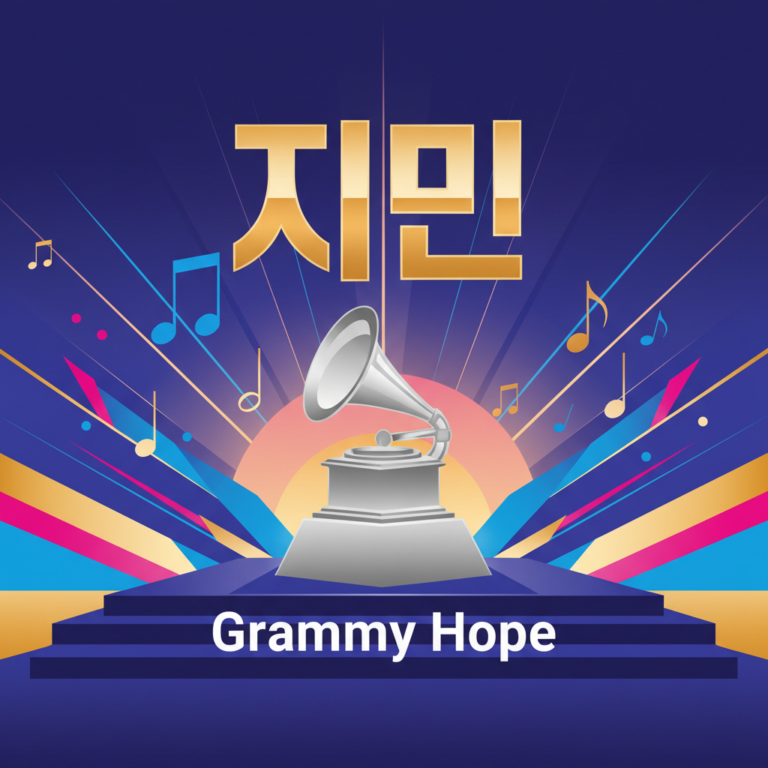 Thumbnail showing a Grammy trophy silhouette with Jimin's name and hopeful text, musical notes, and sunrise gradient