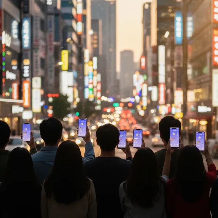 Thumbnail showing faceless fans on a Seoul street holding glowing smartphones, representing HYBE Weverse and BTS comeback excitement