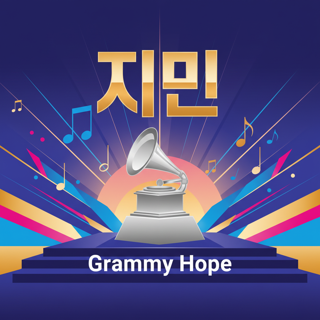 Thumbnail showing a Grammy trophy silhouette with Jimin's name and hopeful text, musical notes, and sunrise gradient