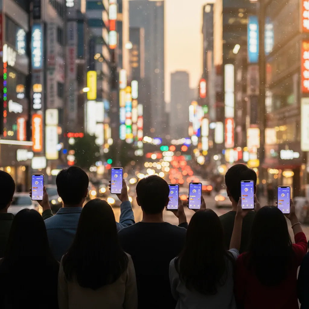 Thumbnail showing faceless fans on a Seoul street holding glowing smartphones, representing HYBE Weverse and BTS comeback excitement