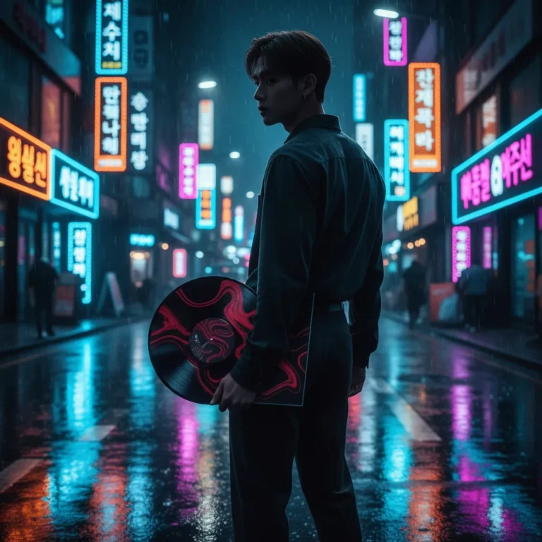 Silhouette of a figure holding a vinyl record on a neon-lit Seoul street, representing ENHYPEN's mini 7th album comeback