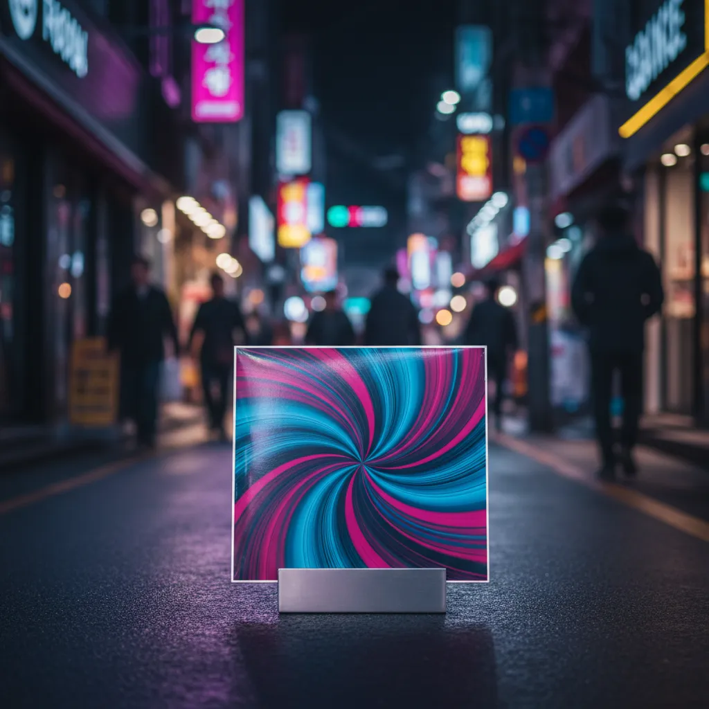 Neon‑lit Seoul alley with a glowing vinyl record sleeve on a metal stand, representing KickFlip's record‑breaking mini album.