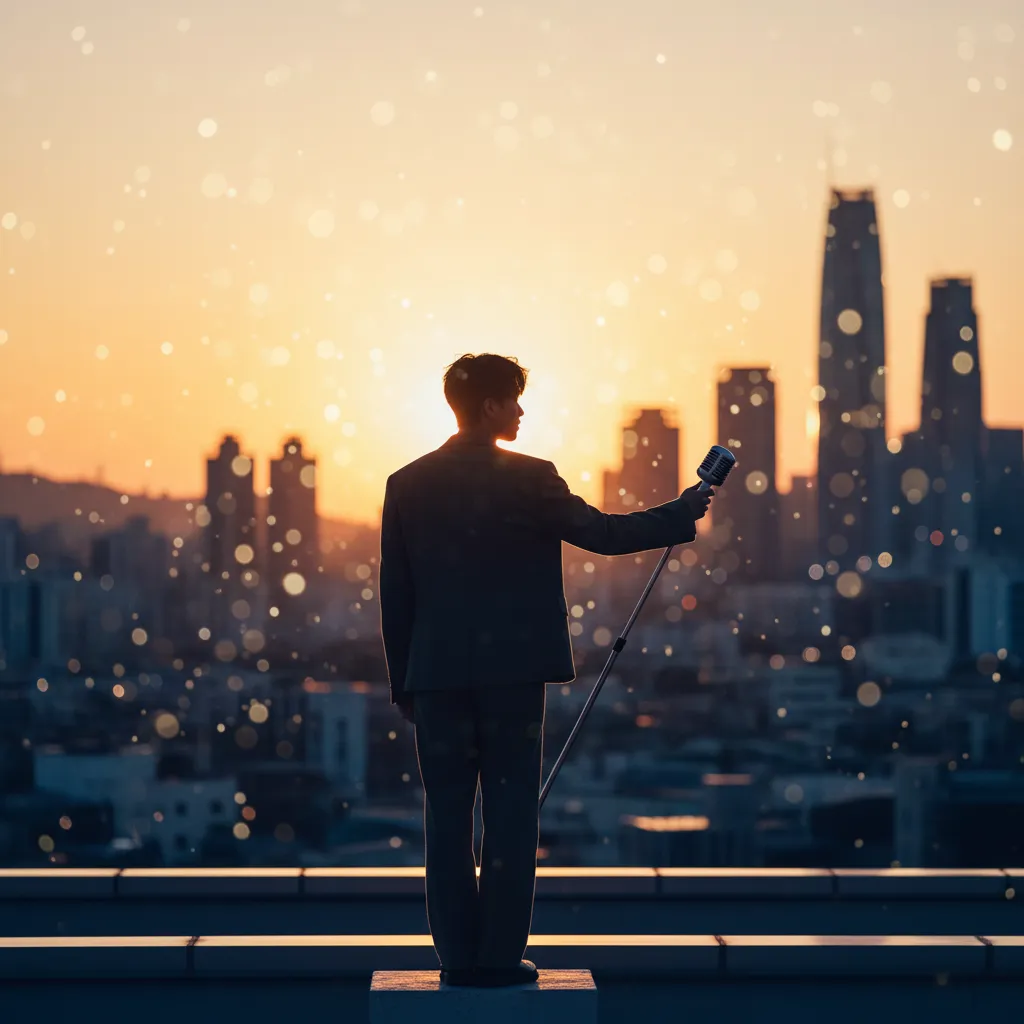 Silhouette of a figure with a microphone against a Seoul sunset skyline, representing Park Ji-hoon's solo comeback