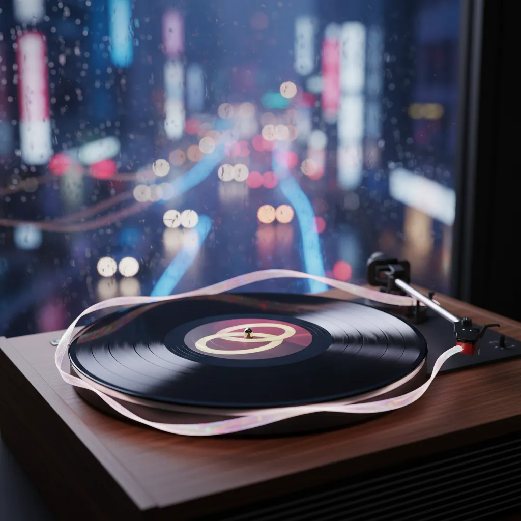 Vinyl record with a glowing ribbon on a turntable, set against blurred neon Seoul night lights.