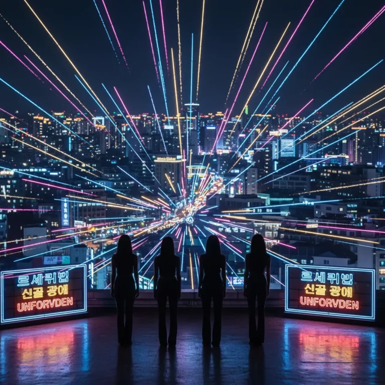 Silhouette of four figures on a Seoul rooftop at night with neon celebration lights