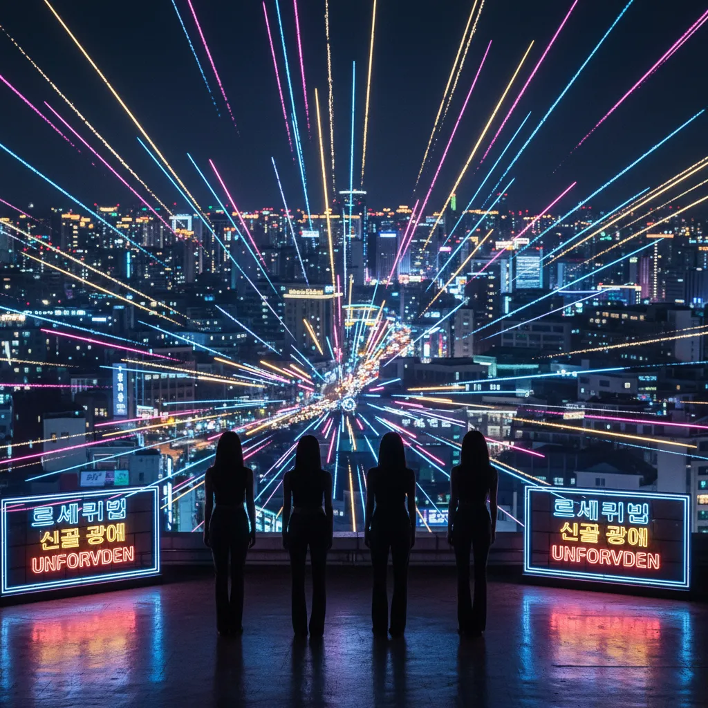 Silhouette of four figures on a Seoul rooftop at night with neon celebration lights